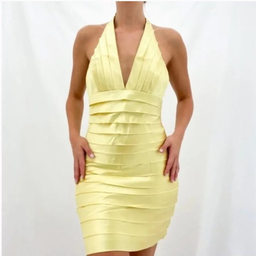 NEW BCBG MaxAzria Pale Lime Yellow Matte Tiered Halter Mini Dress